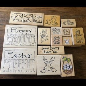 Wood mounted Bunny theme lot of 14 rubber stamps